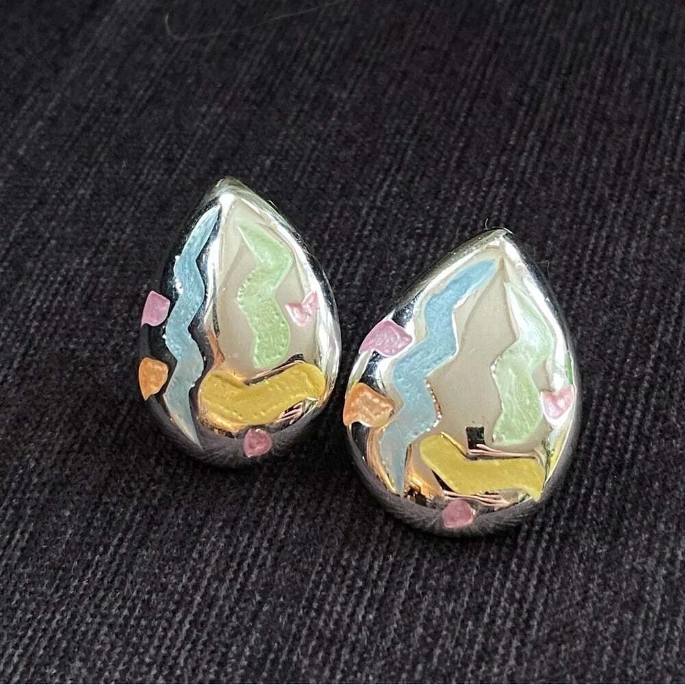 80s Tear drop Silver Tone Fun Pastel Geometric Shape Earrings